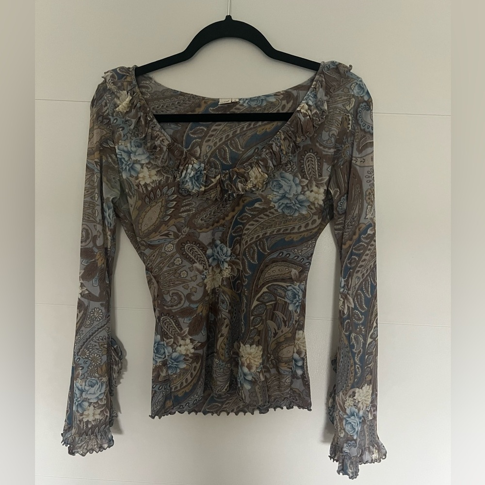 blue/brown flowy ruffle sleeve y2k long sleeve, semi-sheer